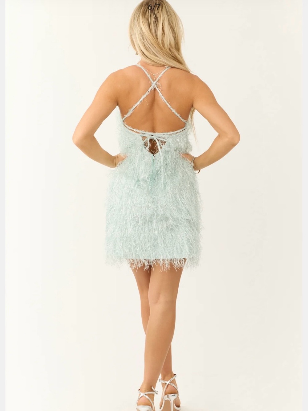 Feather-Trim Spaghetti Strap Dress in Light Mint - Picture 2 of 2